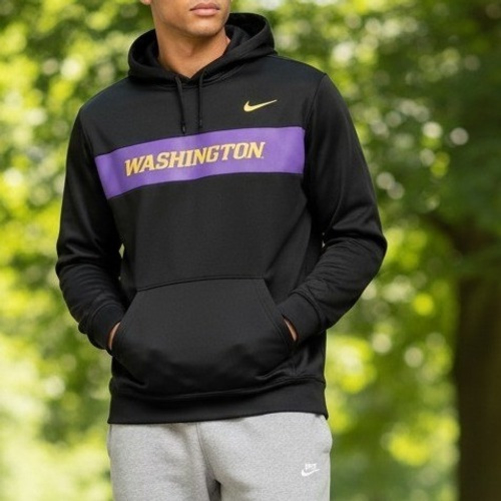 Nike Washington Huskies Hoodie Mens Black Purple Therma-FIT Pullover Sweatshirt